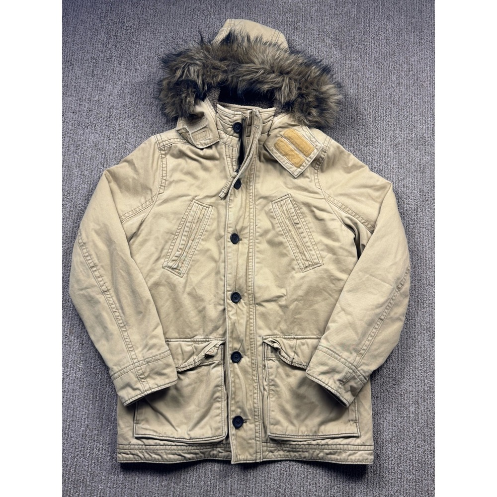 Hollister Sherpa Lined Utility Jacket Fur Hood Mens M Heavyweight Canvas Y2K